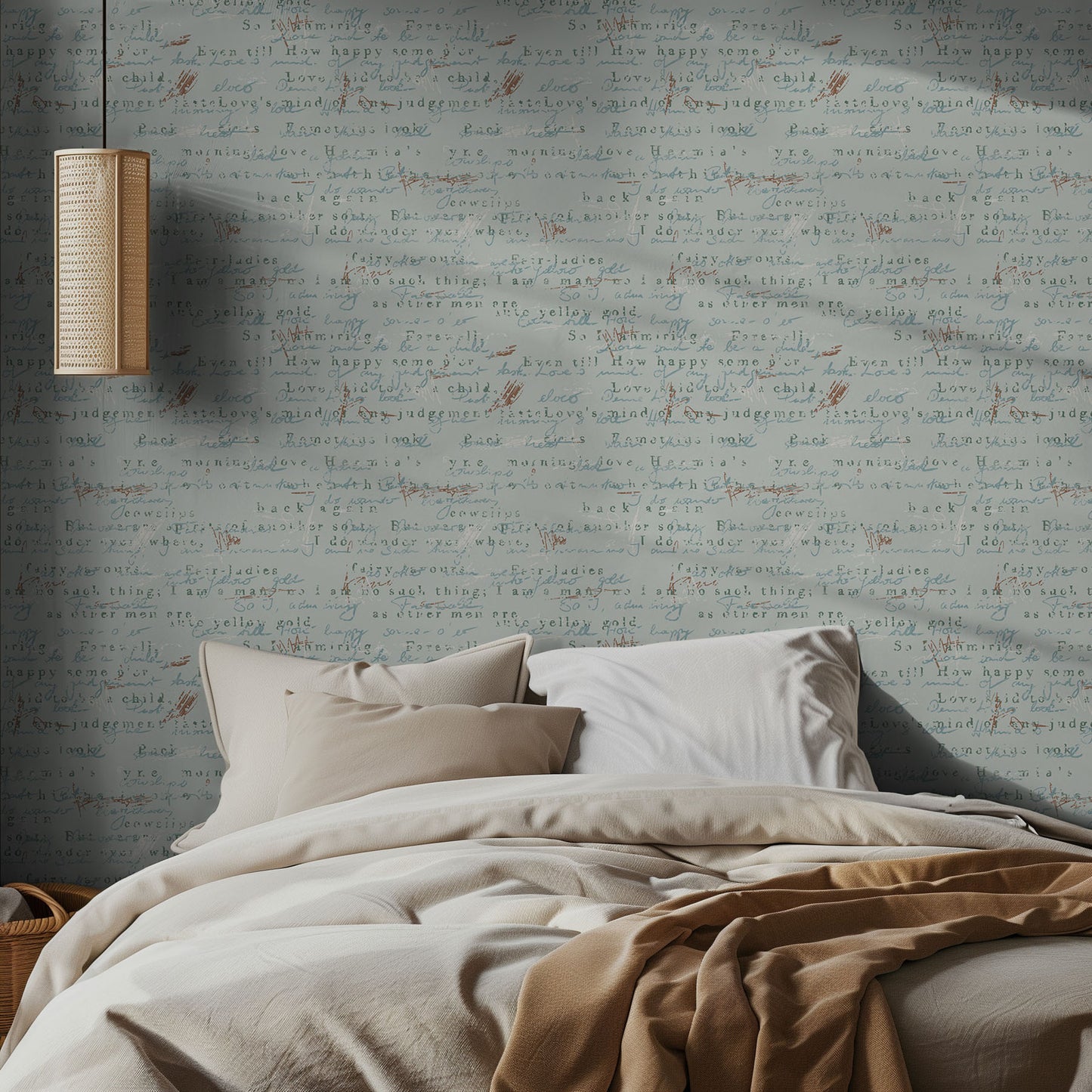 Bedroom with handwritten patterned wallpaper and soft lighting