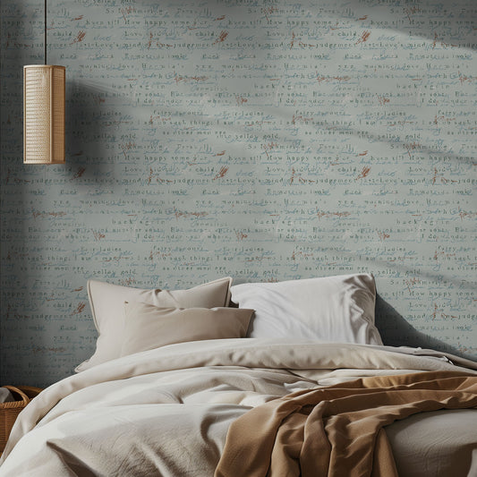 Bedroom with handwritten patterned wallpaper and soft lighting