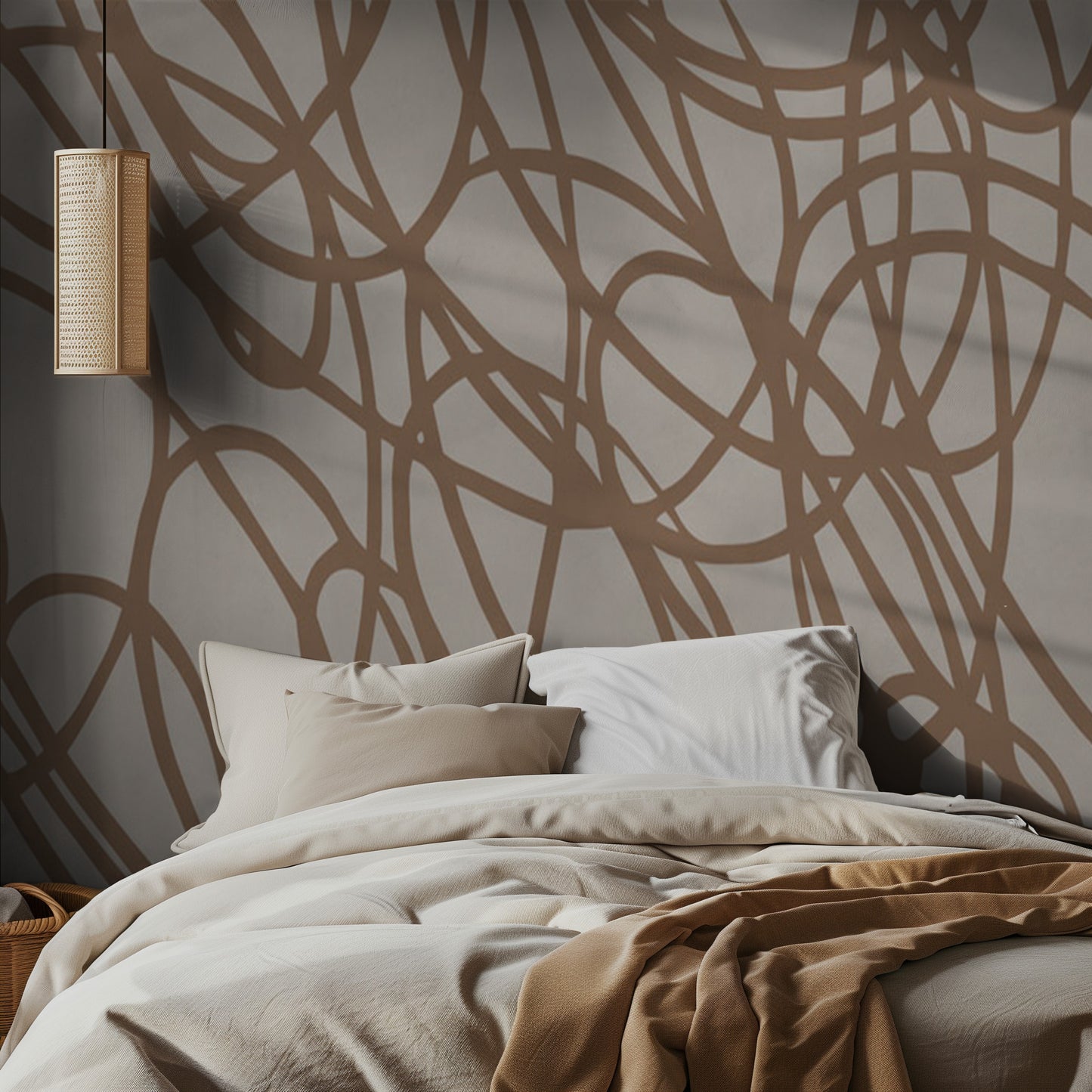 Bedroom with abstract brown line art wall mural and neutral bedding.