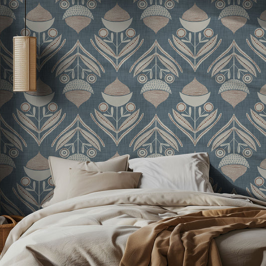 Bedroom with light blue boho patterned wallpaper and a bed with beige bedding.