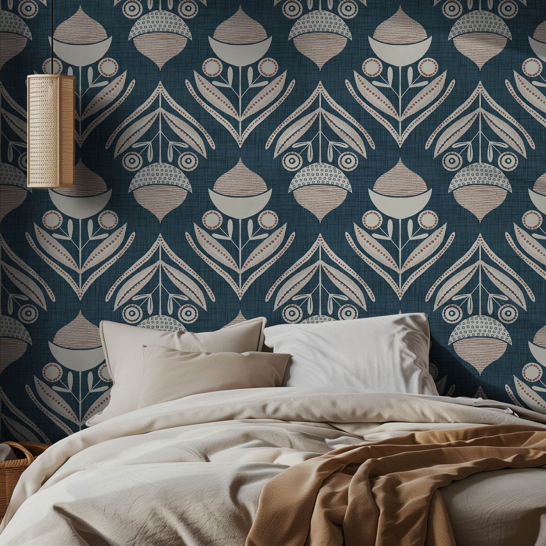 Bedroom with decorative dark blue textured wallpaper featuring geometric patterns.