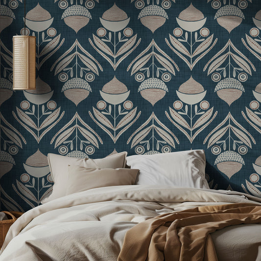 Bedroom with decorative dark blue textured wallpaper featuring geometric patterns.