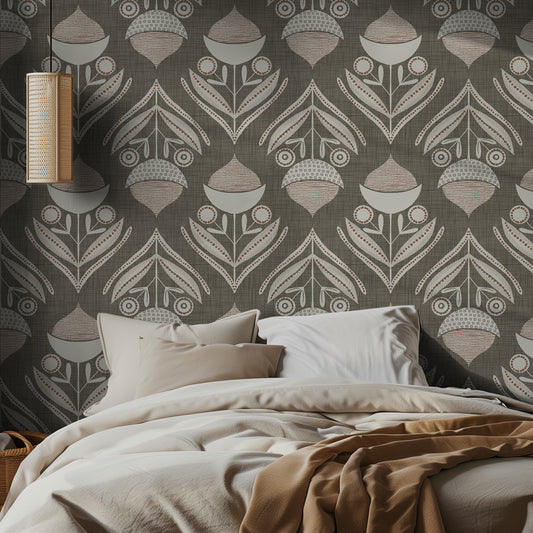 Bedroom with off white acorn wallpaper pattern on textured taupe background, neutral bedding, and a pendant light.