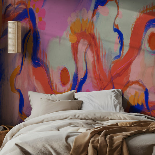 Bedroom with a colorful abstract mural on the wall