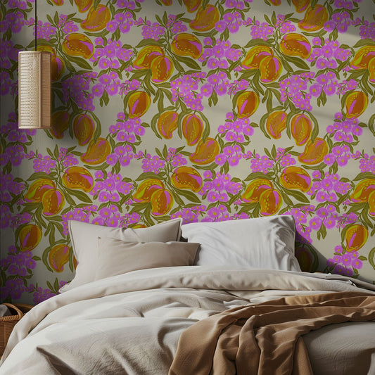 Bedroom with floral wallpaper featuring peaches and pink flowers, and a lamp on the wall.