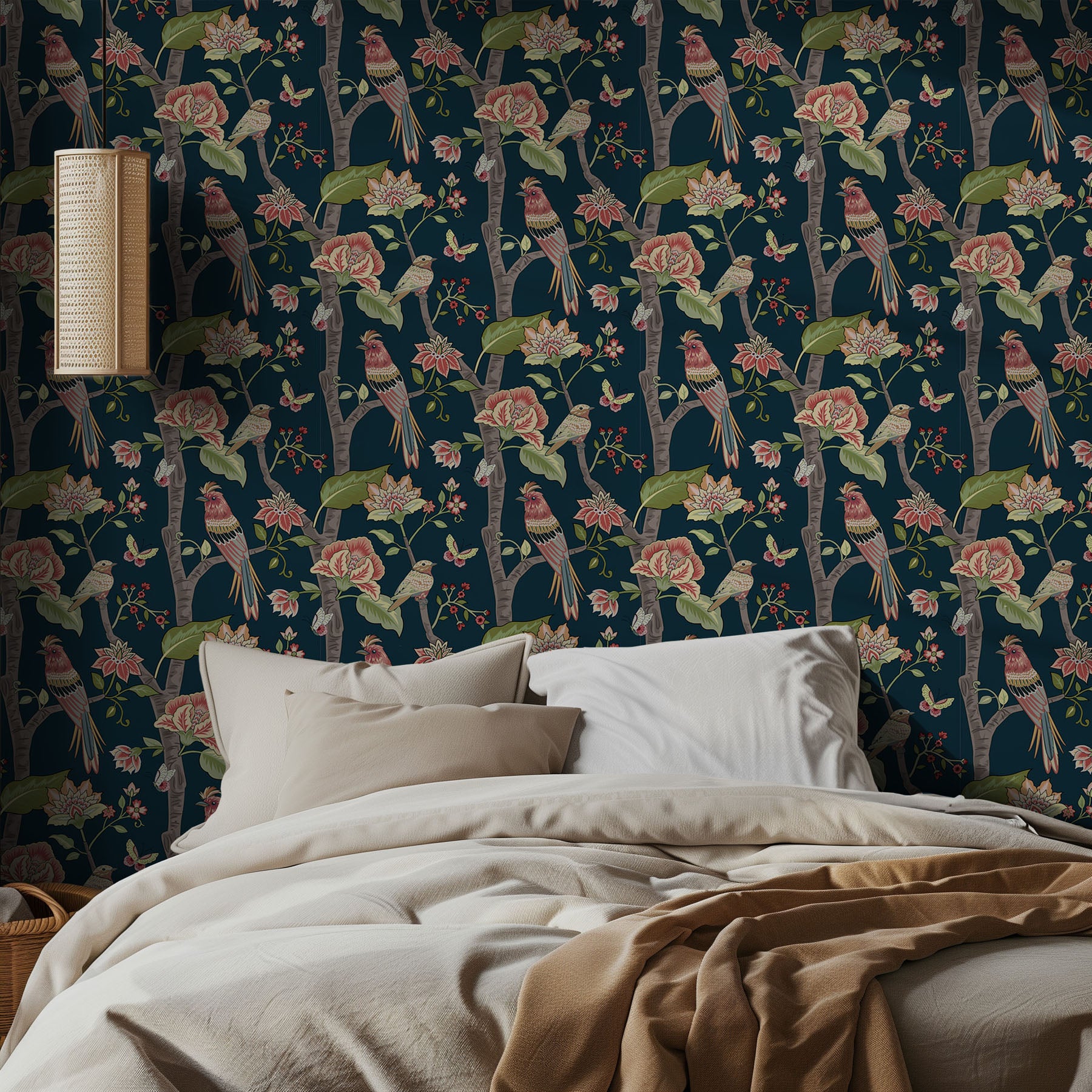 Bedroom with floral wallpaper featuring birds and flowers, beige bedding, and a lamp.