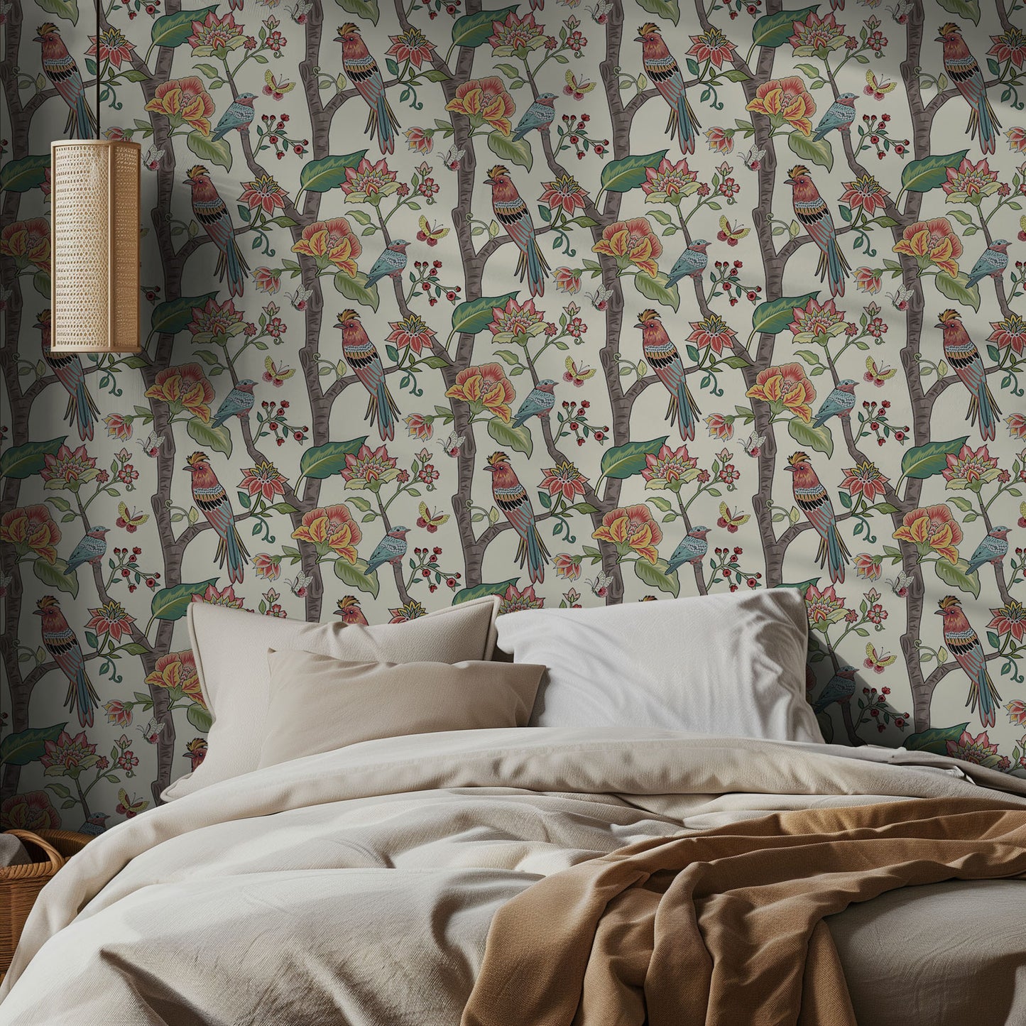 Bedroom with floral wallpaper featuring birds and flowers, and a bed with beige bedding.