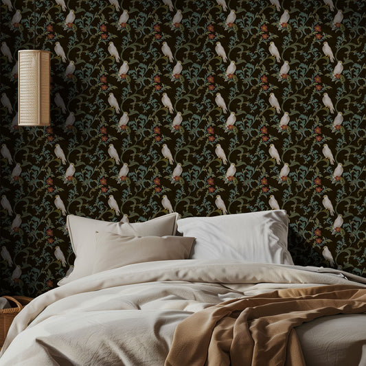 Bedroom with dark bird decorative wallpaper featuring birds and floral patterns.