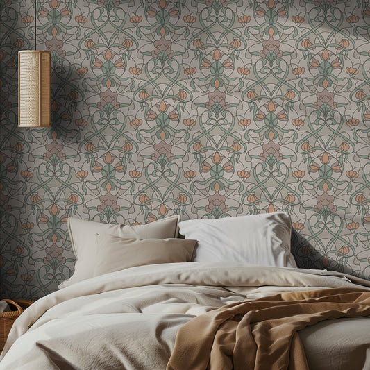 Bedroom with soft stained glass patterned wallpaper and neutral bedding.