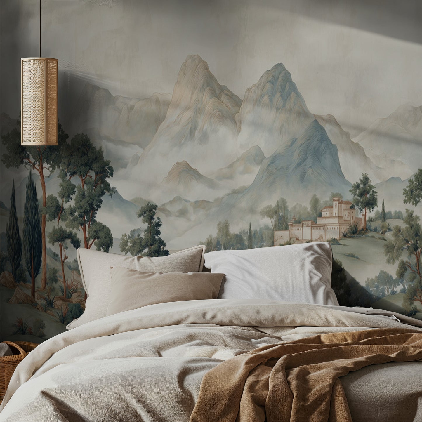 Bedroom with mountain mural wallpaper and soft lighting