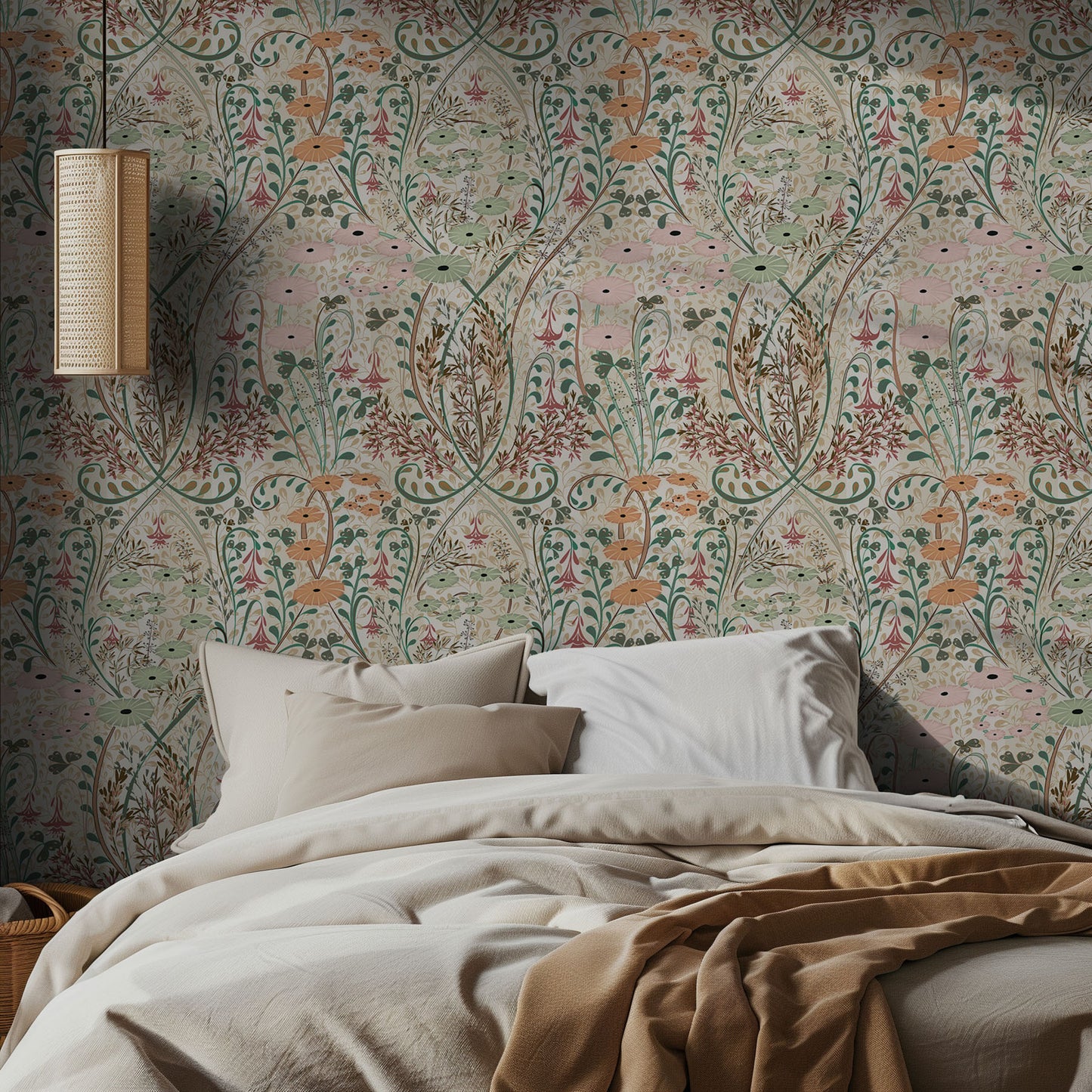 Bedroom with floral wallpaper and beige bedding