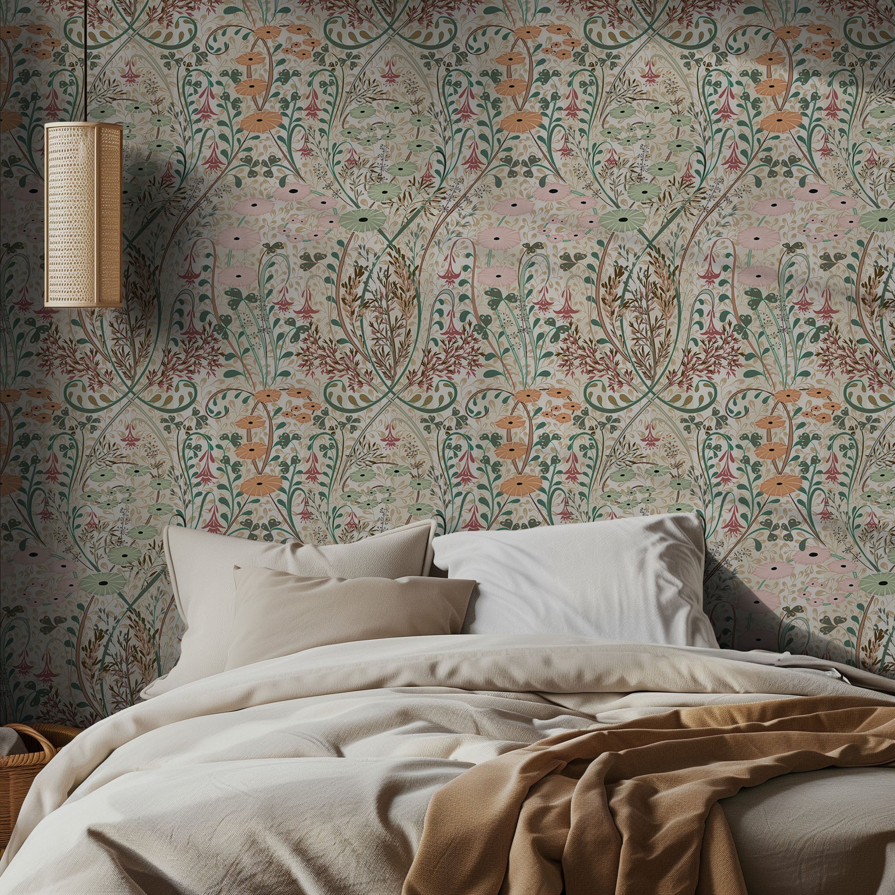 Bedroom with floral wallpaper and beige bedding