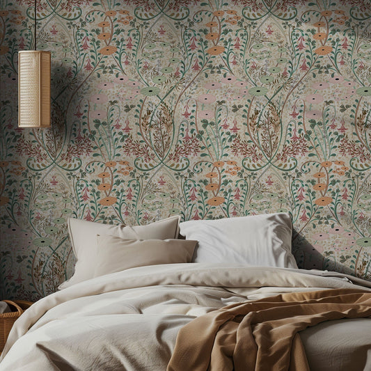 Bedroom with floral wallpaper and beige bedding