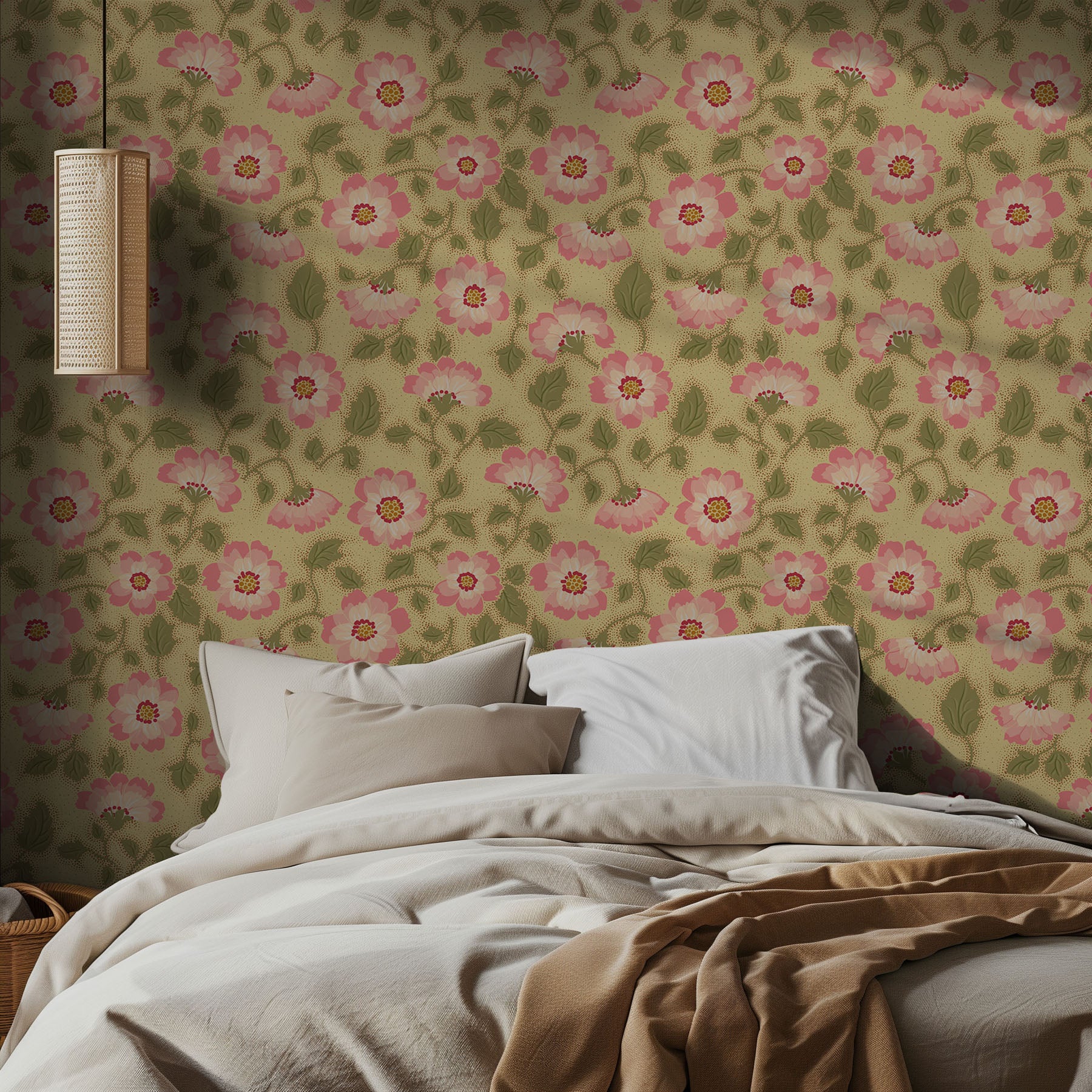 Bedroom with vintage floral wallpaper and a bed with beige bedding.