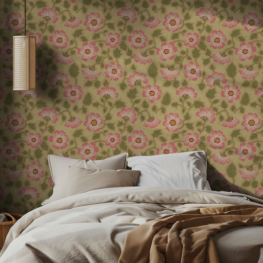 Bedroom with vintage floral wallpaper and a bed with beige bedding.
