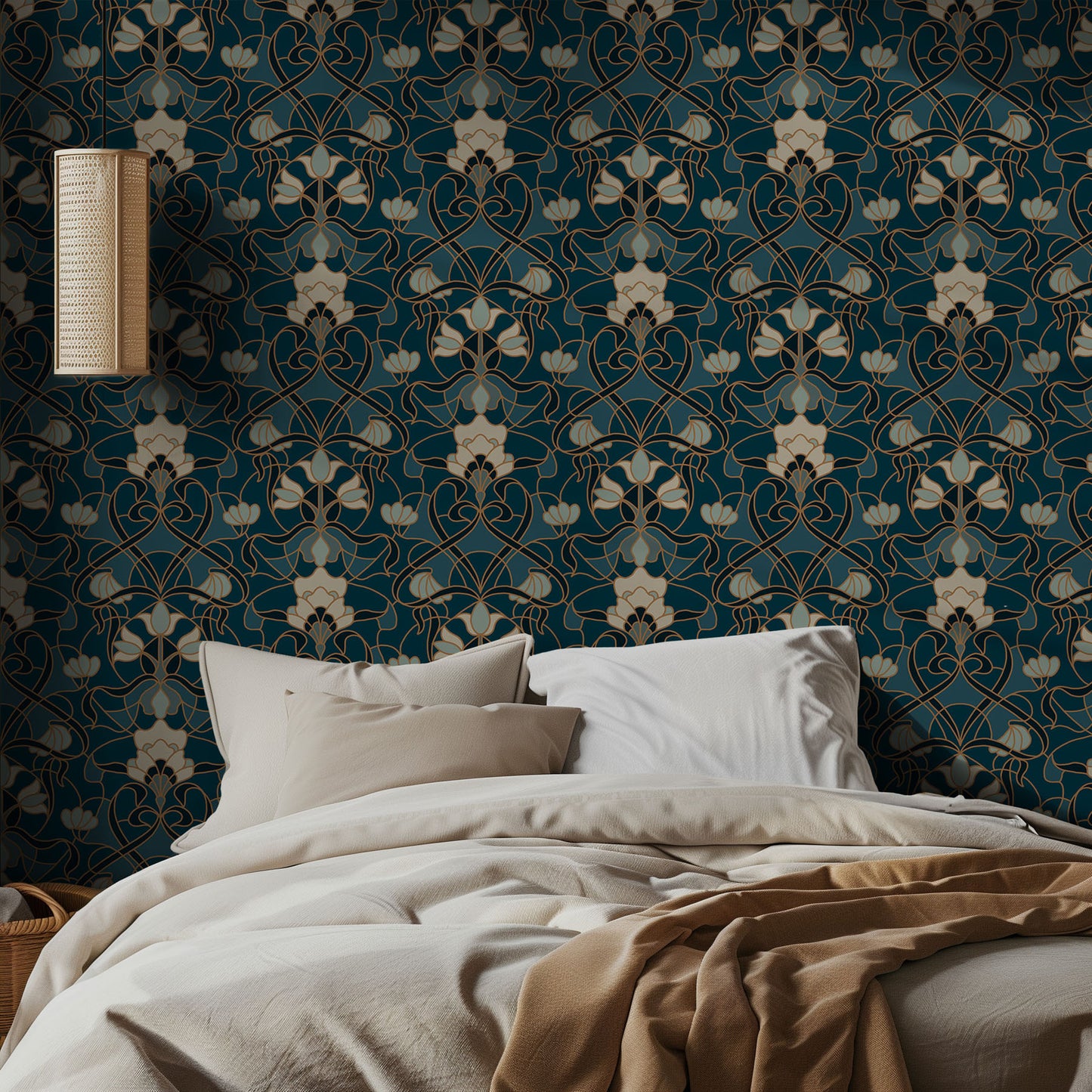 Bedroom with navy and green ornate wallpaper and beige bedding