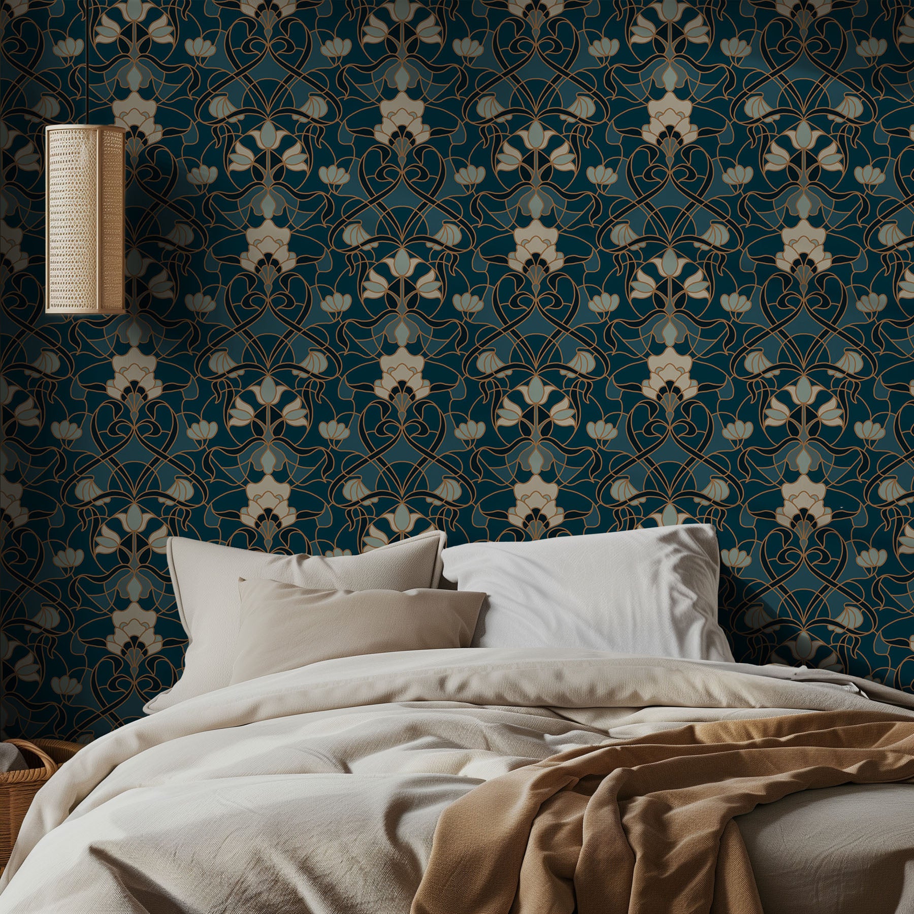Bedroom with navy and green ornate wallpaper and beige bedding