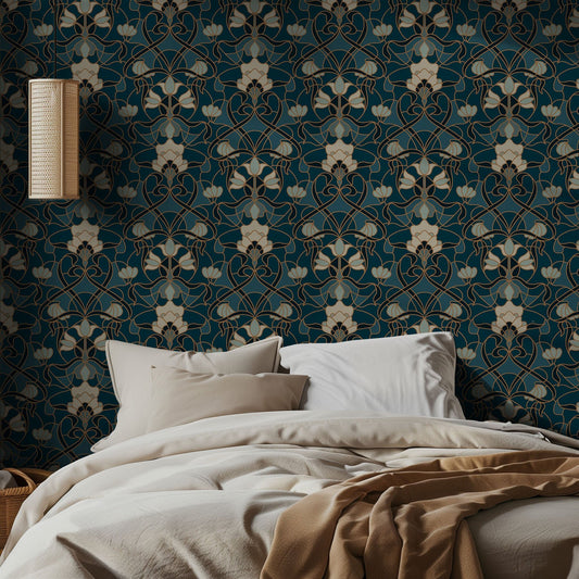 Bedroom with navy and green ornate wallpaper and beige bedding