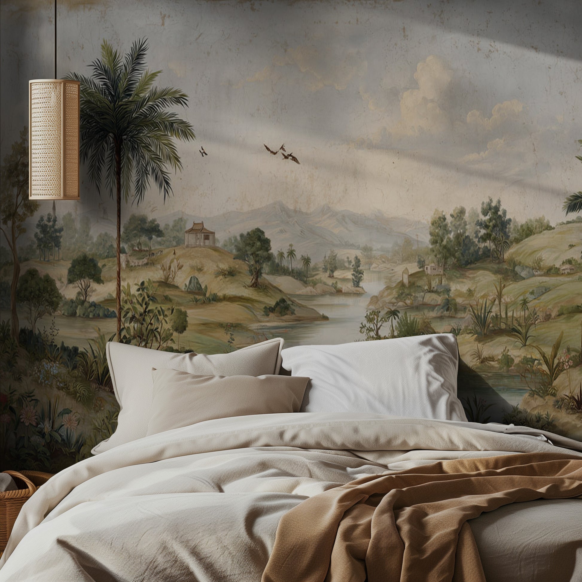 Bedroom with a large mural of a landscape featuring mountains, trees, and a river.
