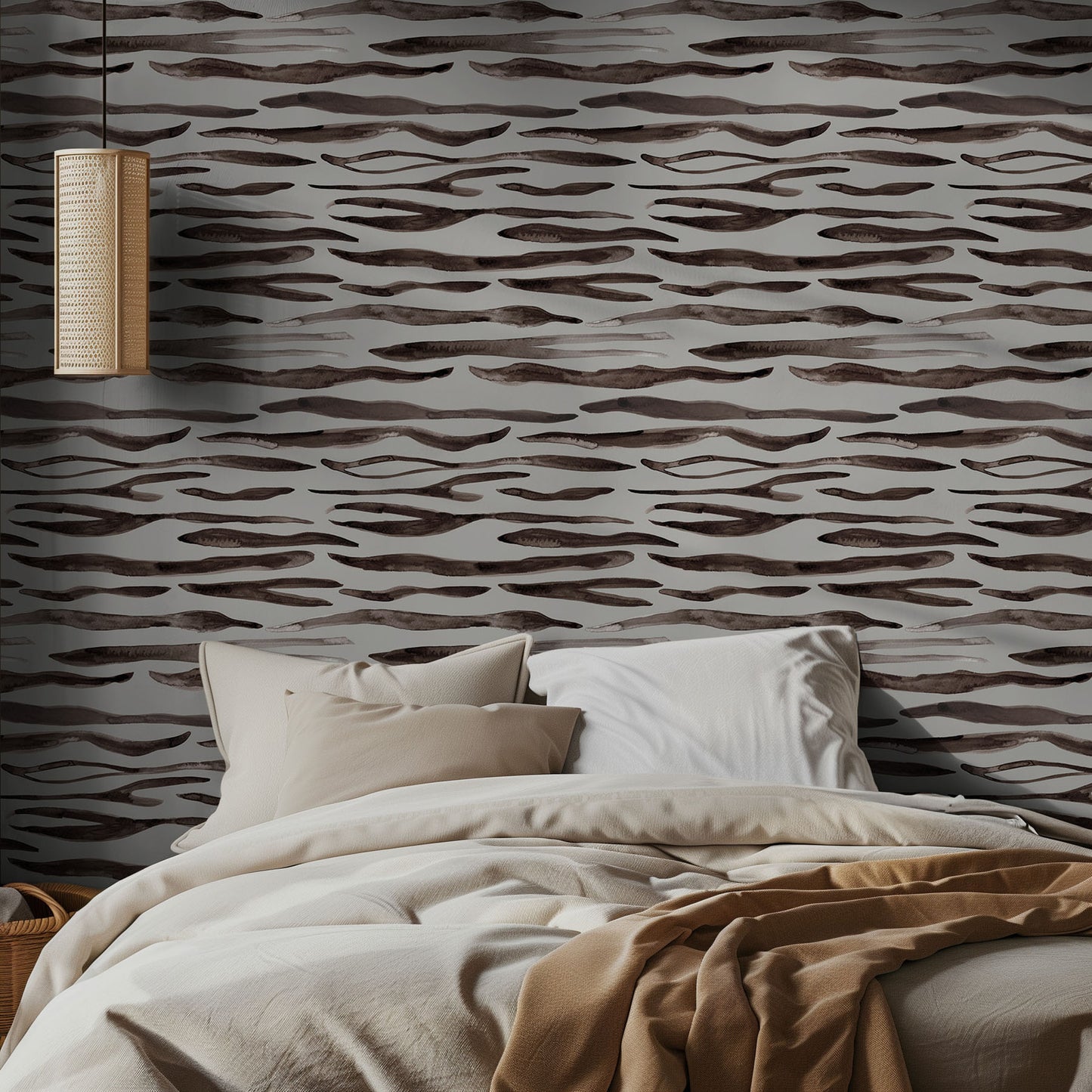 Bedroom with wavy patterned wallpaper and neutral bedding.