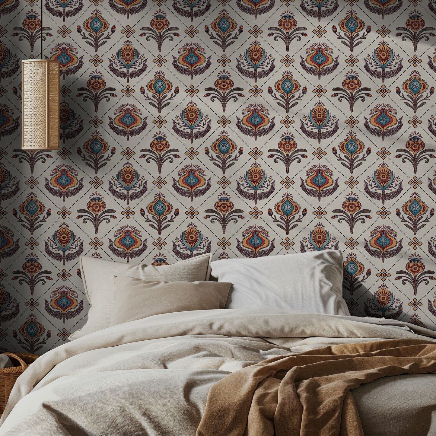 Bedroom with decorative wallpaper featuring geometric patterns.