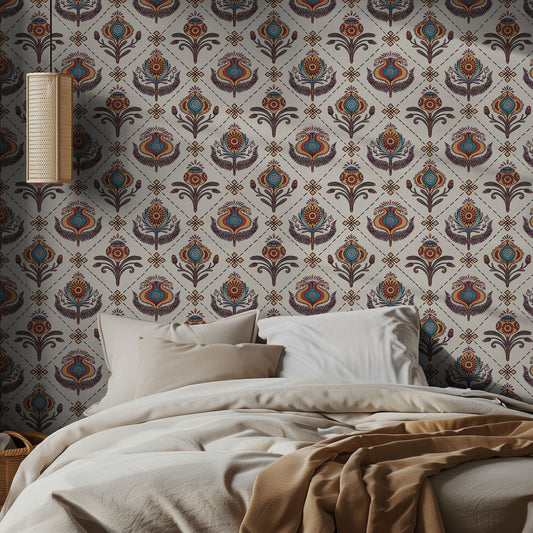 Bedroom with decorative wallpaper featuring geometric patterns.