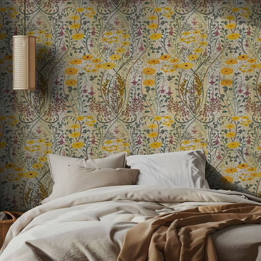 Bedroom with delicate yellow and green floral wallpaper and beige bedding