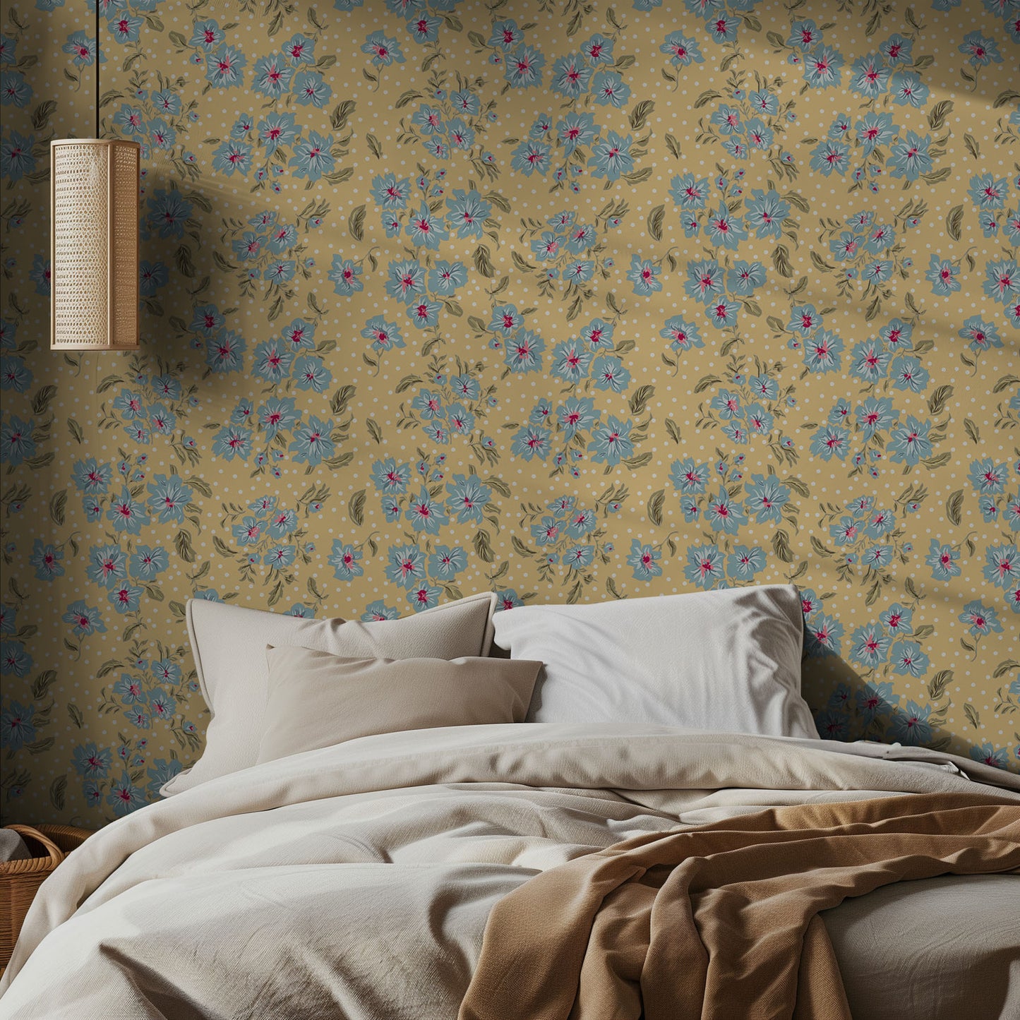 Bedroom with yellow and baby blue floral wallpaper with white polka dots and beige bedding