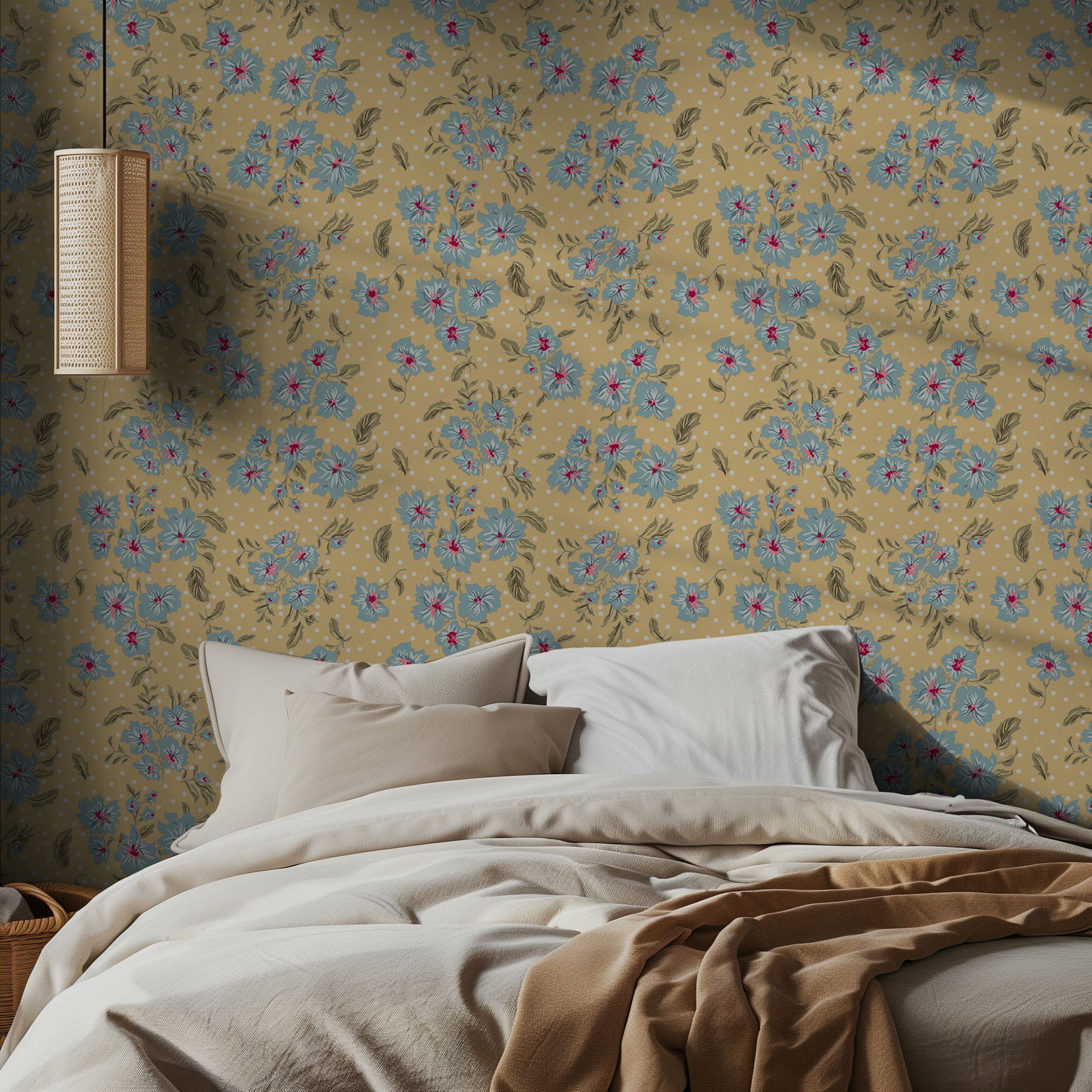 Bedroom with yellow and baby blue floral wallpaper with white polka dots and beige bedding