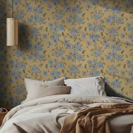 Bedroom with yellow and baby blue floral wallpaper with white polka dots and beige bedding