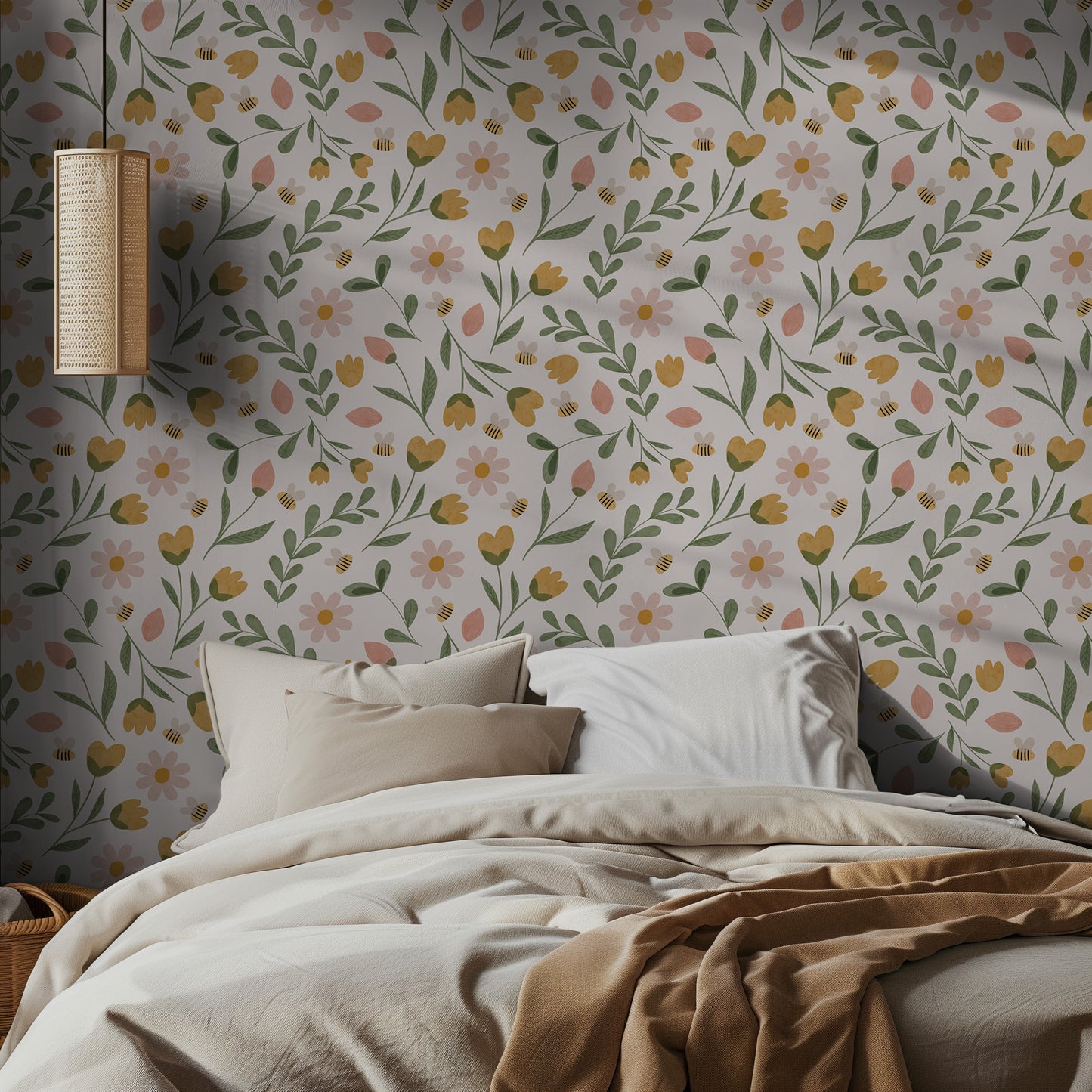 Bedroom with a springy floral wallpaper and a bed with beige bedding.