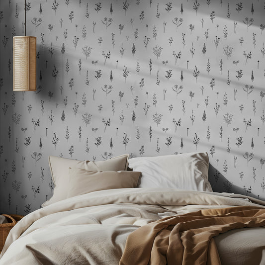 Bedroom with minimalist black and white floral-patterned wallpaper and beige bedding.