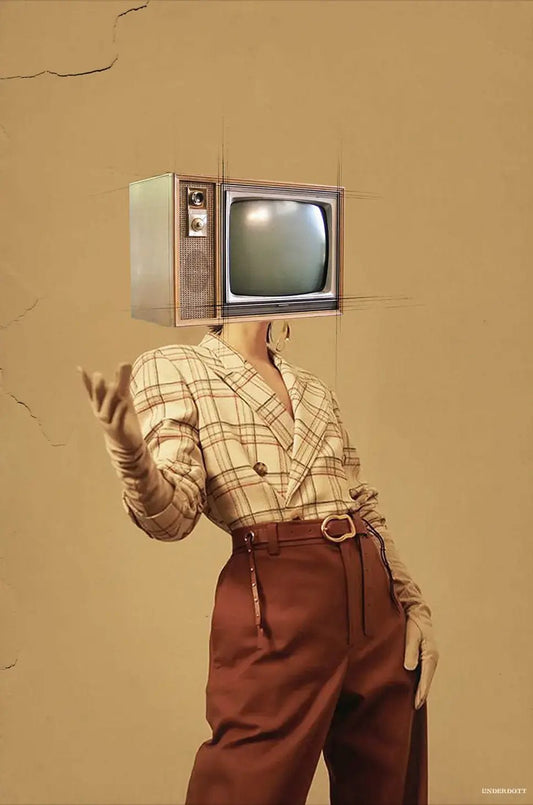 Person wearing a plaid shirt and brown pants with an old-fashioned television set for a head on a beige background