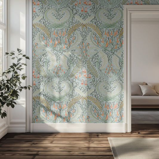 Living room with decorative wallpaper featuring an aqua and orange floral pattern