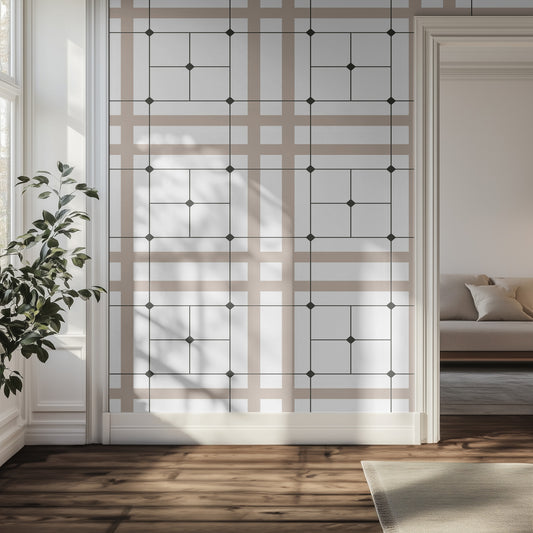 Hallway with beige, white, and black sophisticated geometric grid wallpaper, hardwood floor, natural light.