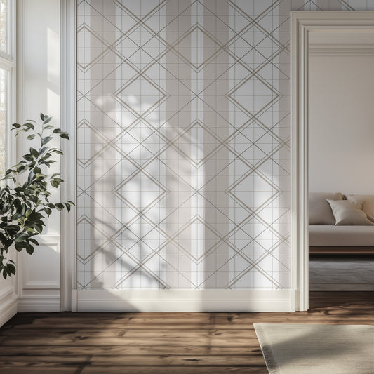 Hallway with beige and white geometric pattern with diamond shapes and striped wallpaper, hardwood floor, natural lighting.