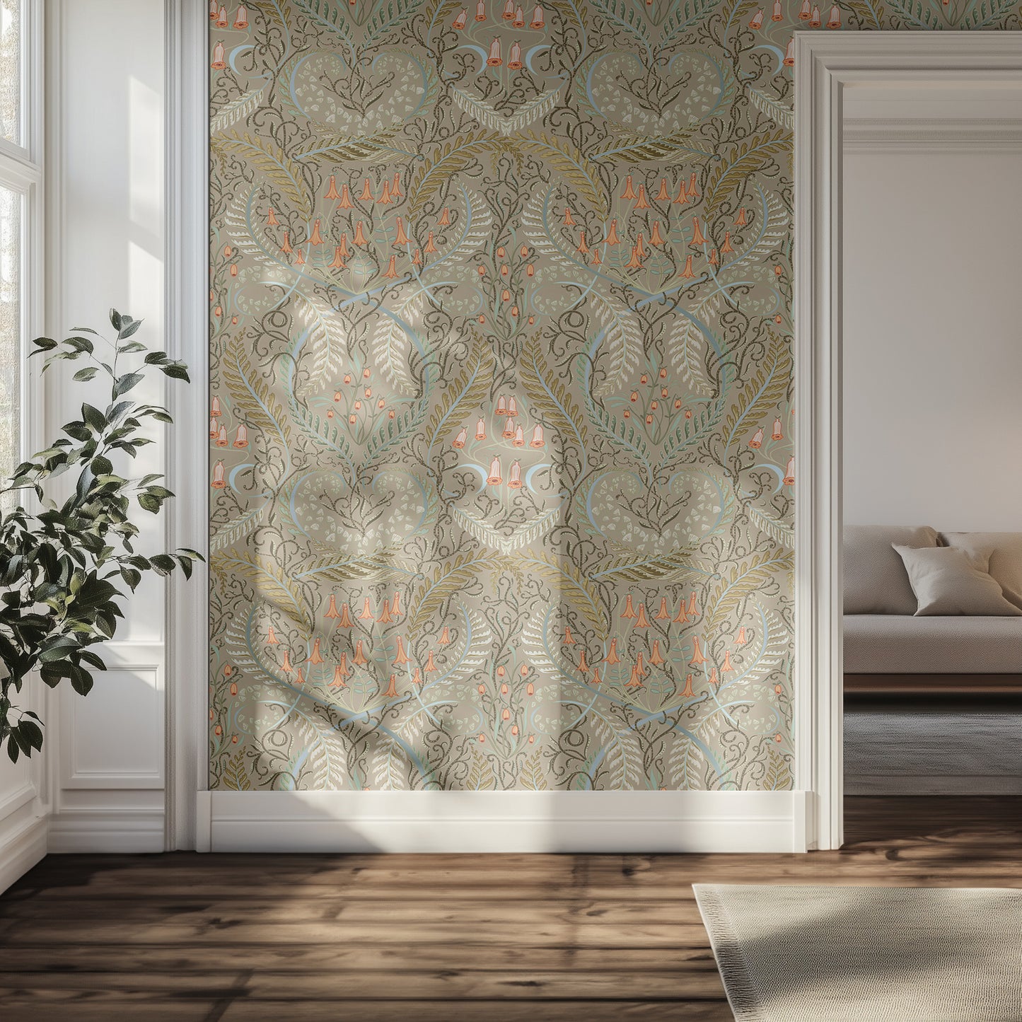 Decorative wallpaper with intricate floral patterned wallpaper in a room with a couch and plant.