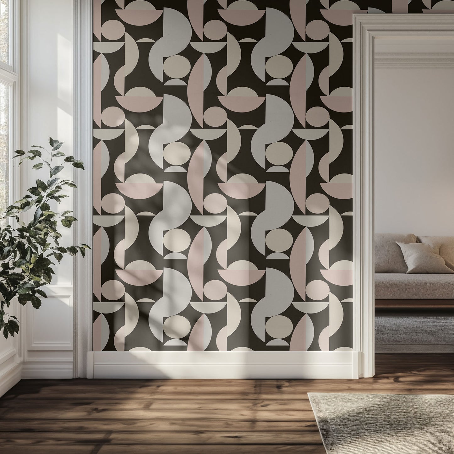 Hallway with neutral and black geometric patterned wallpaper, plant, and sofa.