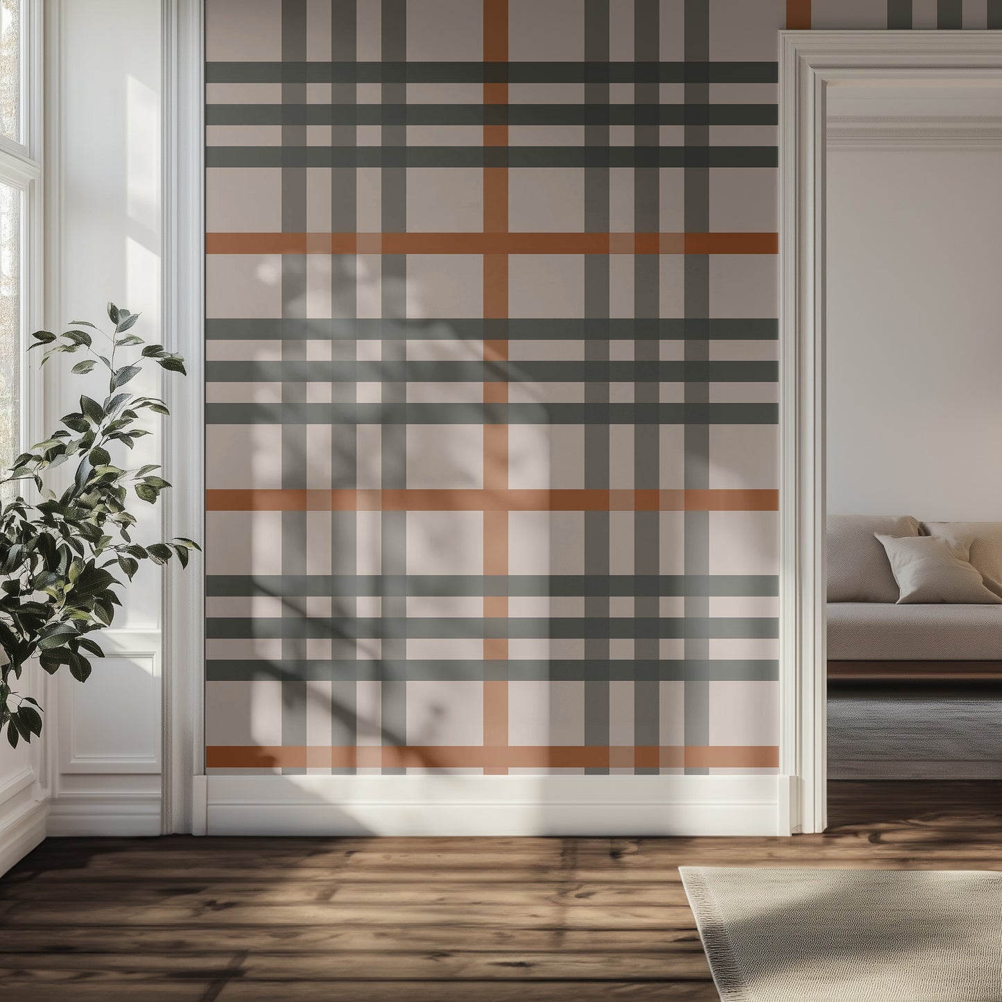 Living room with a classic plaid patterned wall and a sofa.