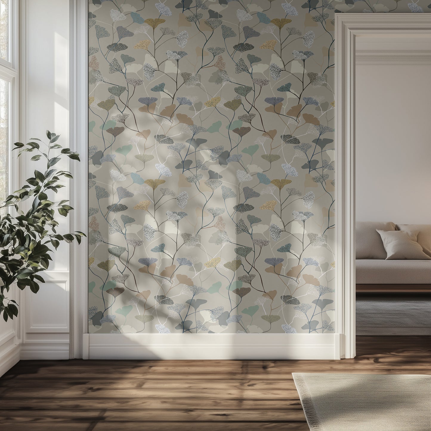 Hallway with neutral earthy leaf patterned wallpaper, hardwood flooring, soft, natural lighting.