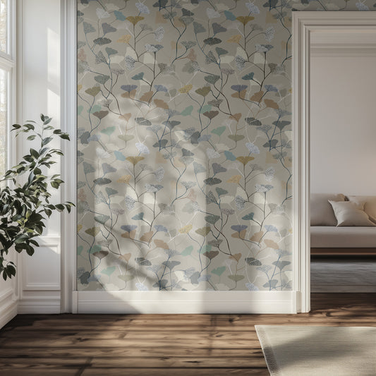 Hallway with neutral earthy leaf patterned wallpaper, hardwood flooring, soft, natural lighting.