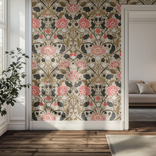 Hallway with a vintage, floral wallpaper pattern and a plant.