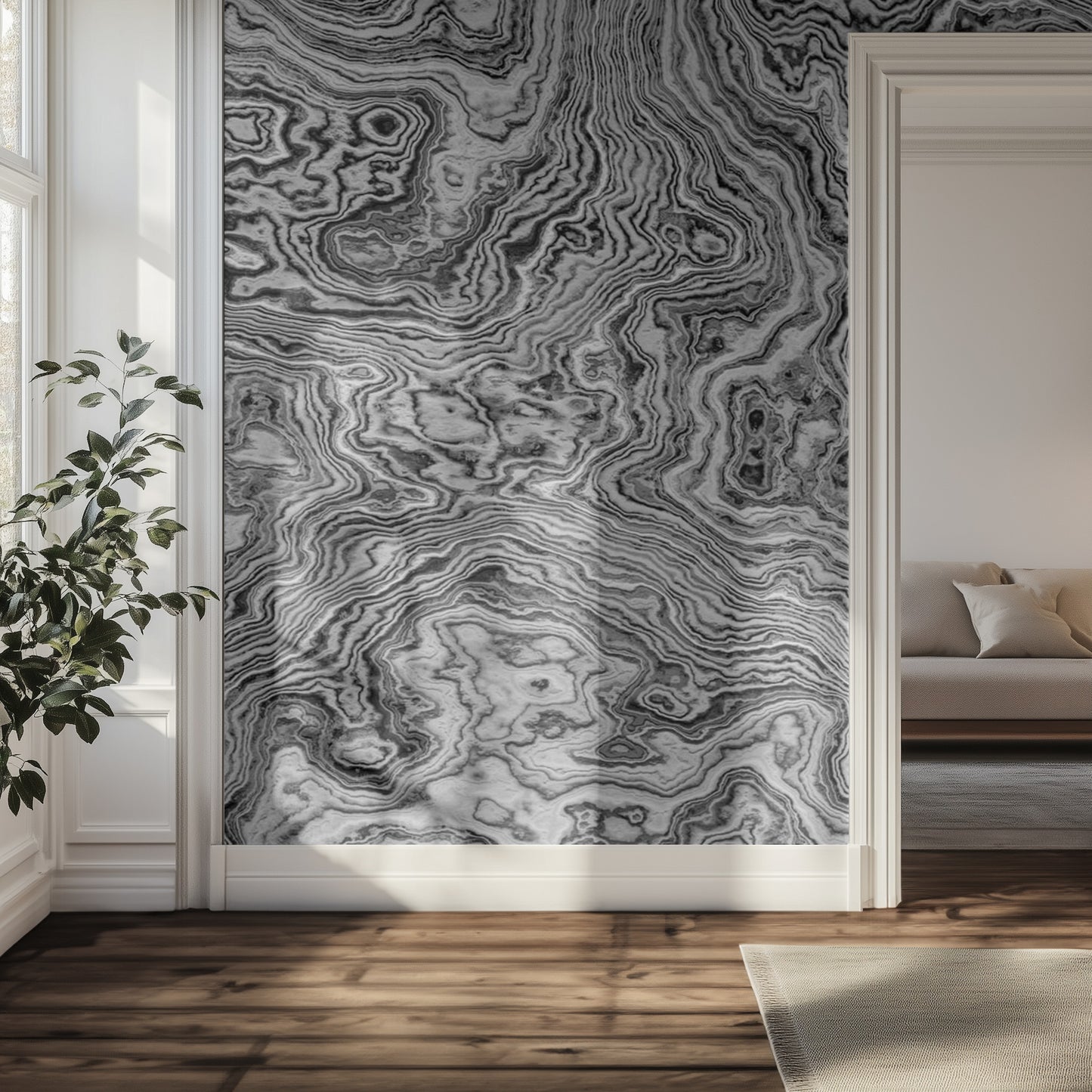 Room with a decorative wall panel featuring a black and white abstract marble pattern.