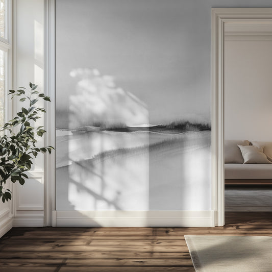 Modern interior with a large wall mural of an abstract landscape.