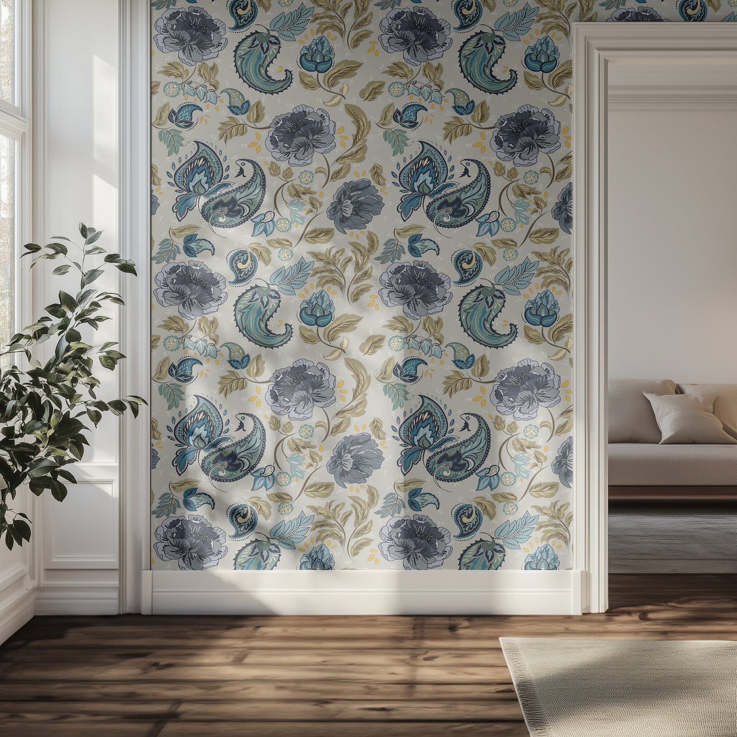 Hallway with floral and paisley wallpaper and a couch in the background.