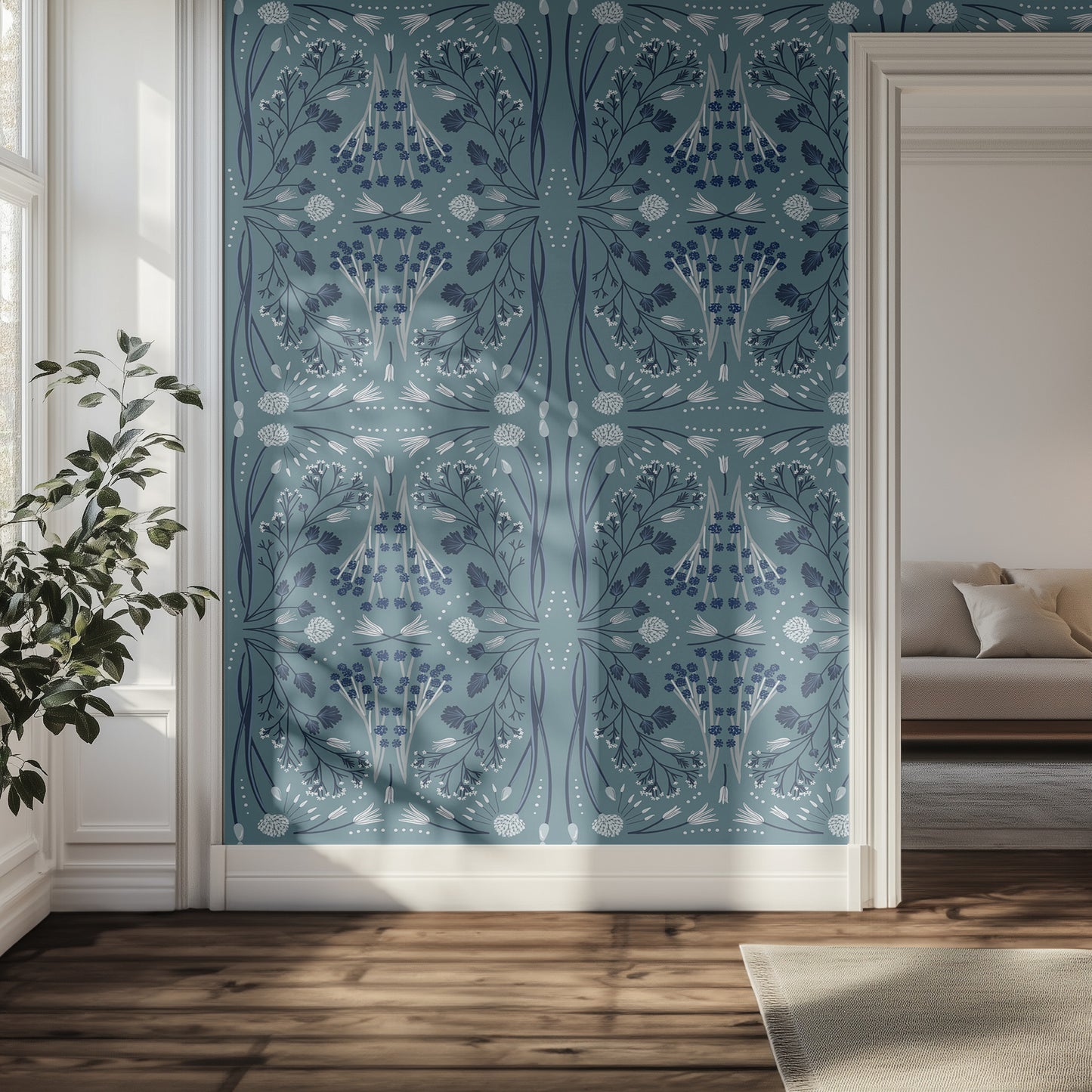 Decorative blue and teal floral patterned hallway wall.