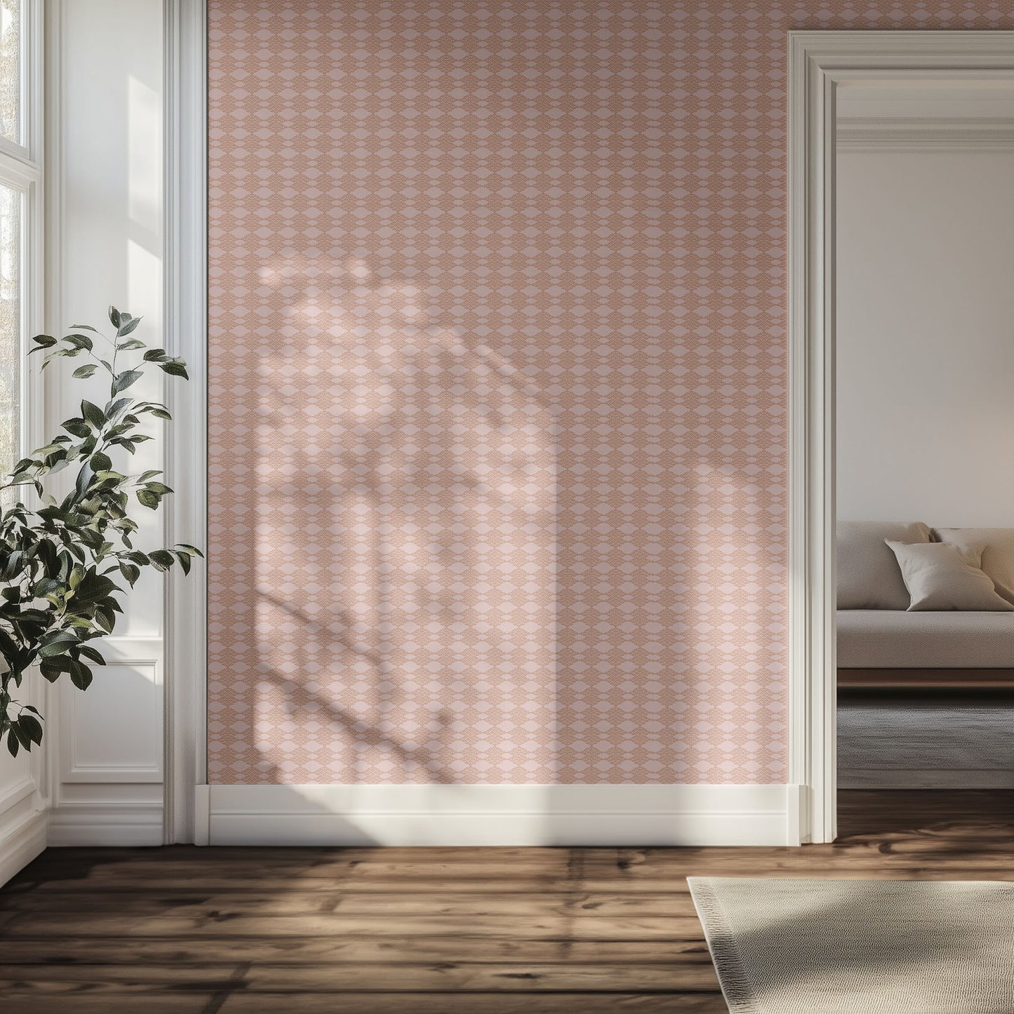 Hallway with peach and pink diamond boho wallpaper pattern on the wall.