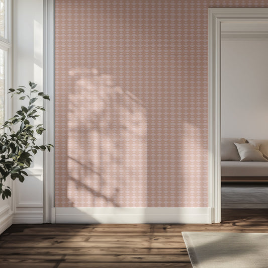 Hallway with peach and pink diamond boho wallpaper pattern on the wall.