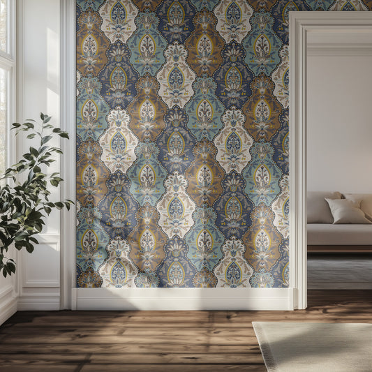 A hallway with decorative wallpaper with a bohemian medallion pattern in teal, cream, tan, and blue.