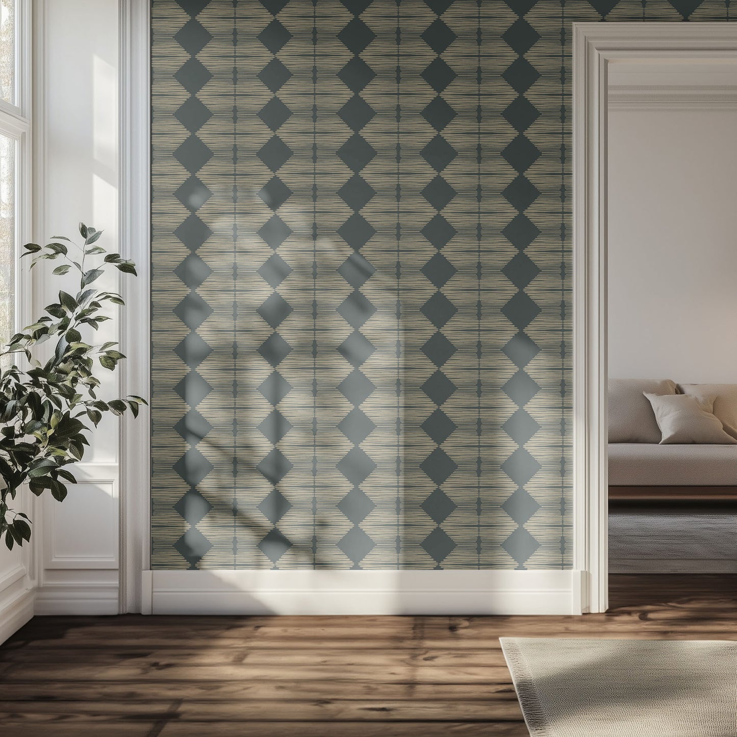 Hallway featuring a statement wall with a textured, diamond patterned, wallpaper.